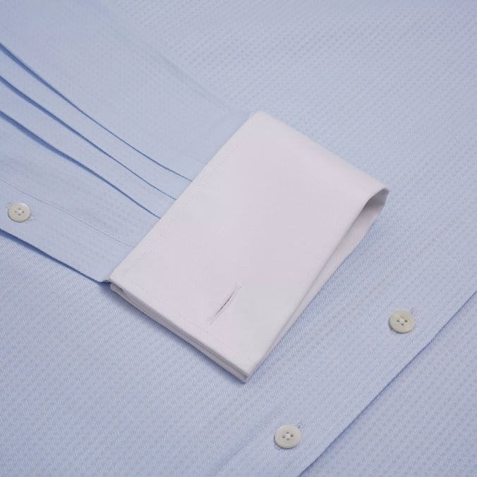 Pale Blue & White Classic Fit Double Cuff Tonal Jaquard Square Formal Shirt