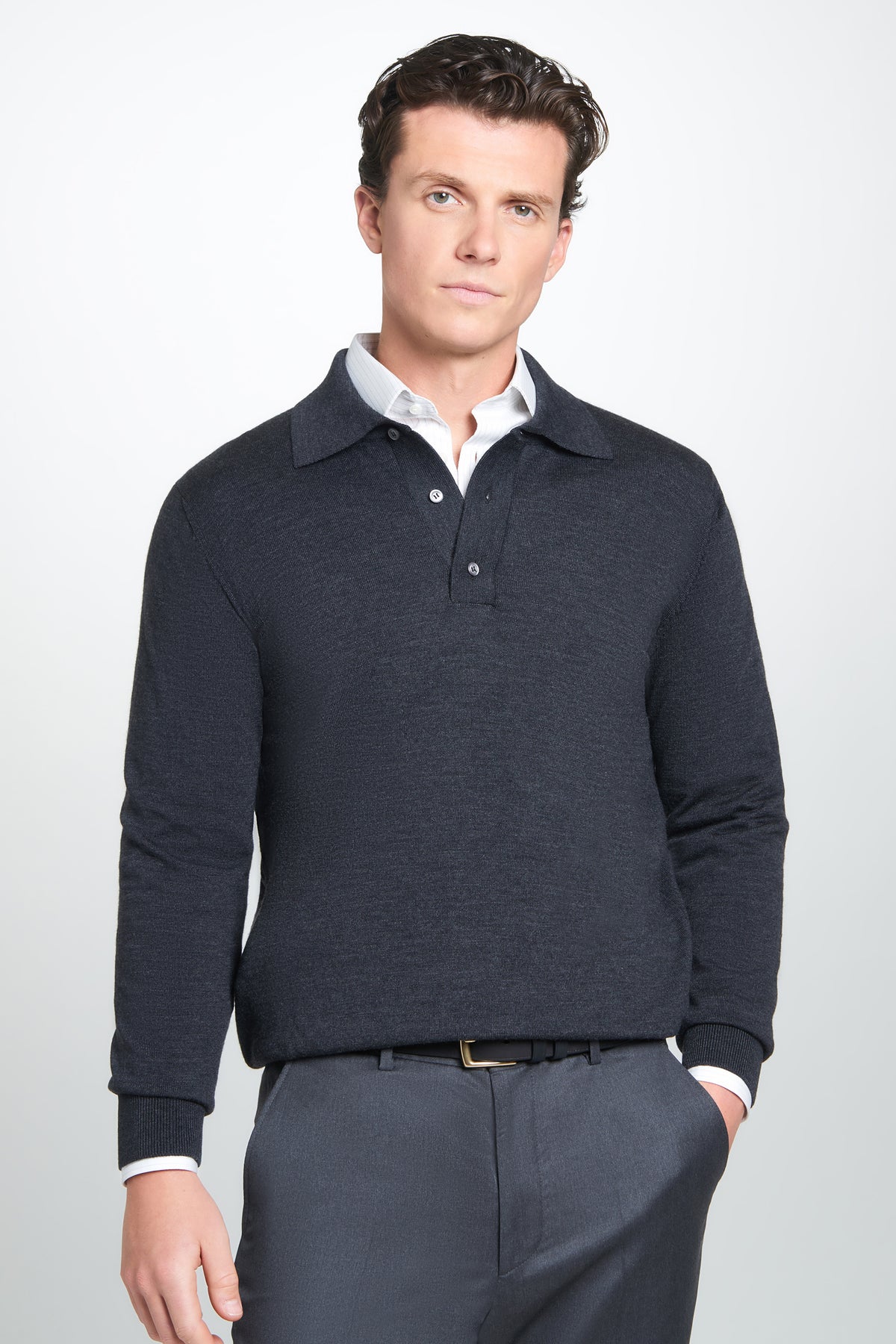Grey Merino Wool Long Sleeve Polo Shirt