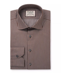 Brown & White Slim Fit Twin Stripe Formal Shirt