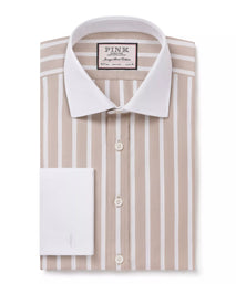 Beige & White Classic Fit Double Cuff Butcher Stripe Formal Shirt