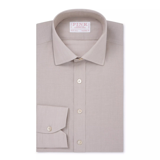 Beige & White Tailored Fit Cotton Mussoletta Formal Shirt