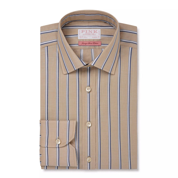 Beige & Blue Classic Fit Twill Multi Stripe Formal Shirt