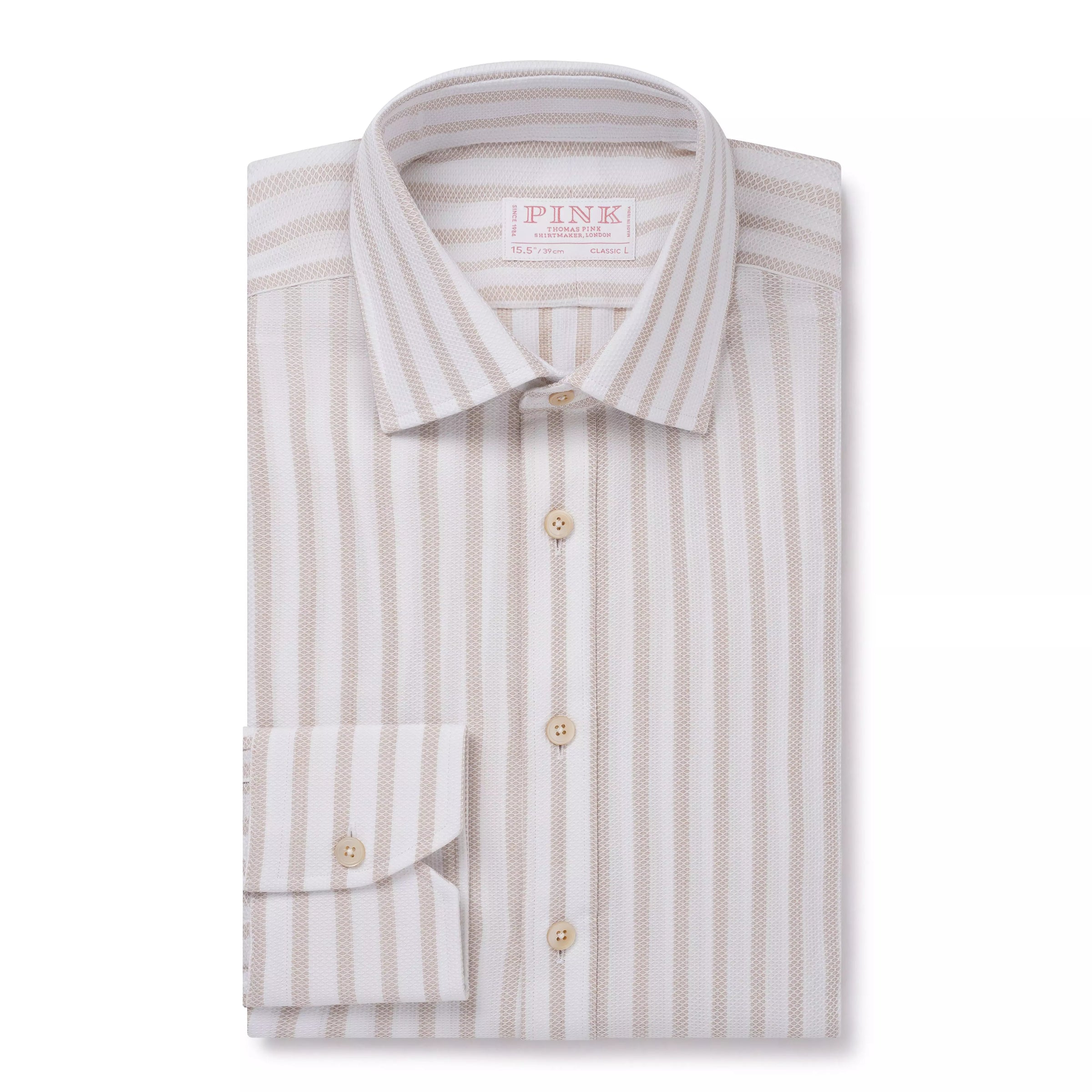 Beige & White Classic Fit Piquet Stripe Formal Shirt