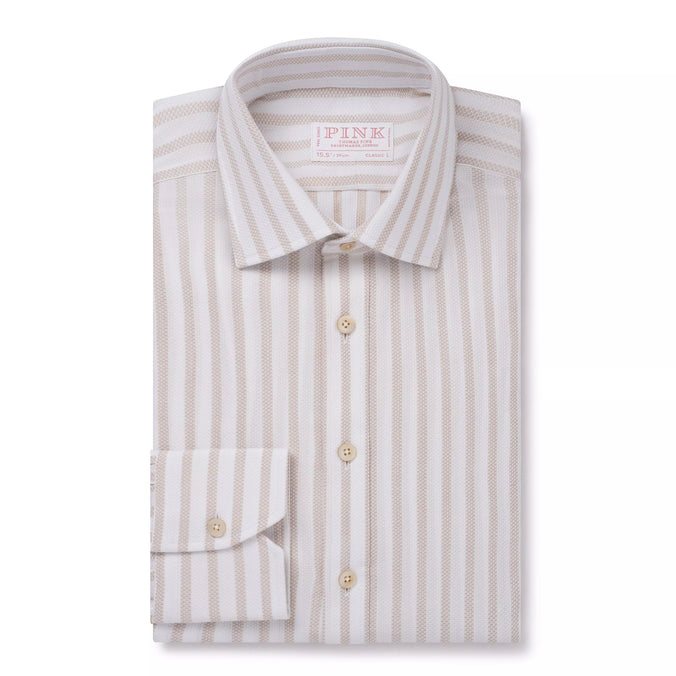 Beige & White Classic Fit Piquet Stripe Formal Shirt