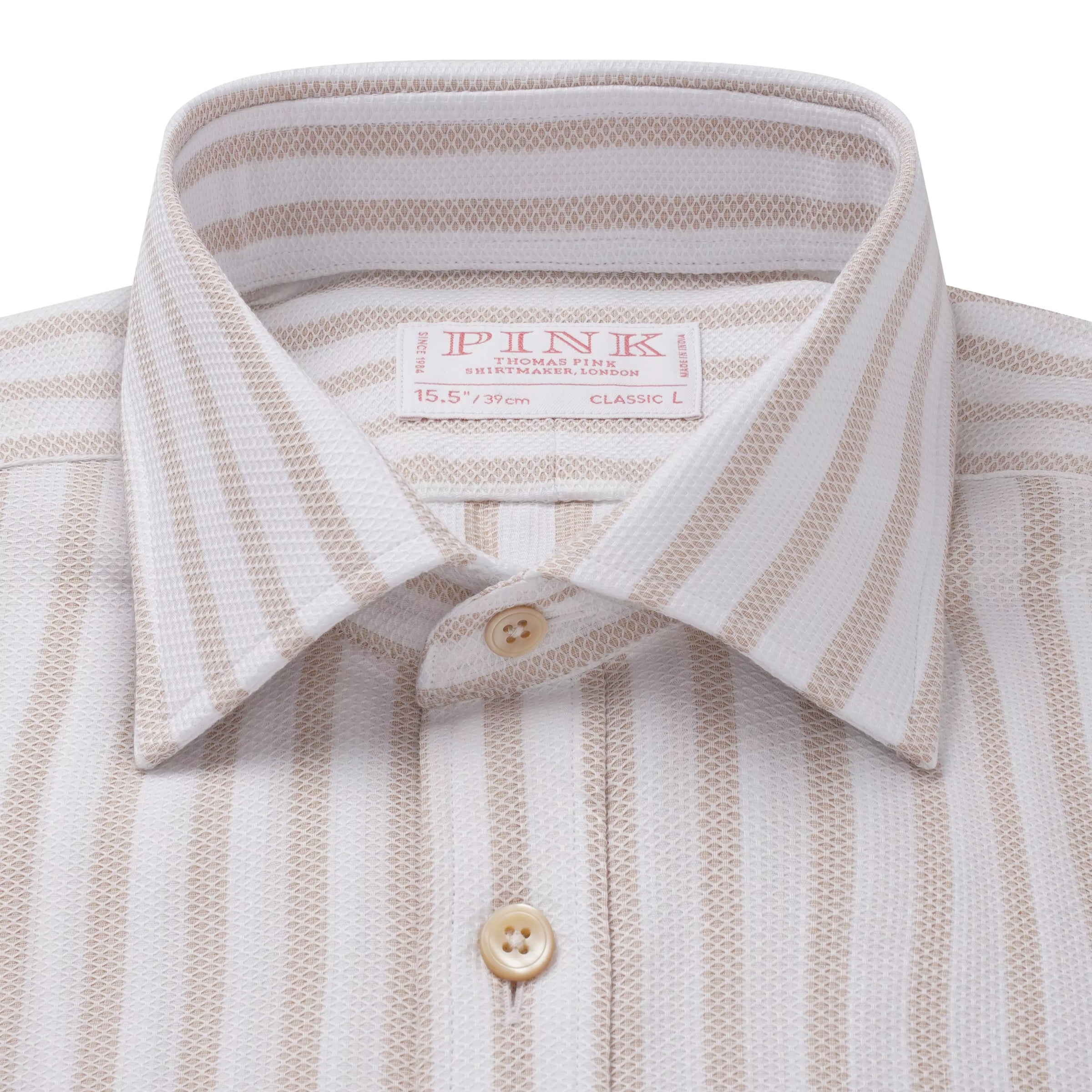 Beige & White Classic Fit Piquet Stripe Formal Shirt